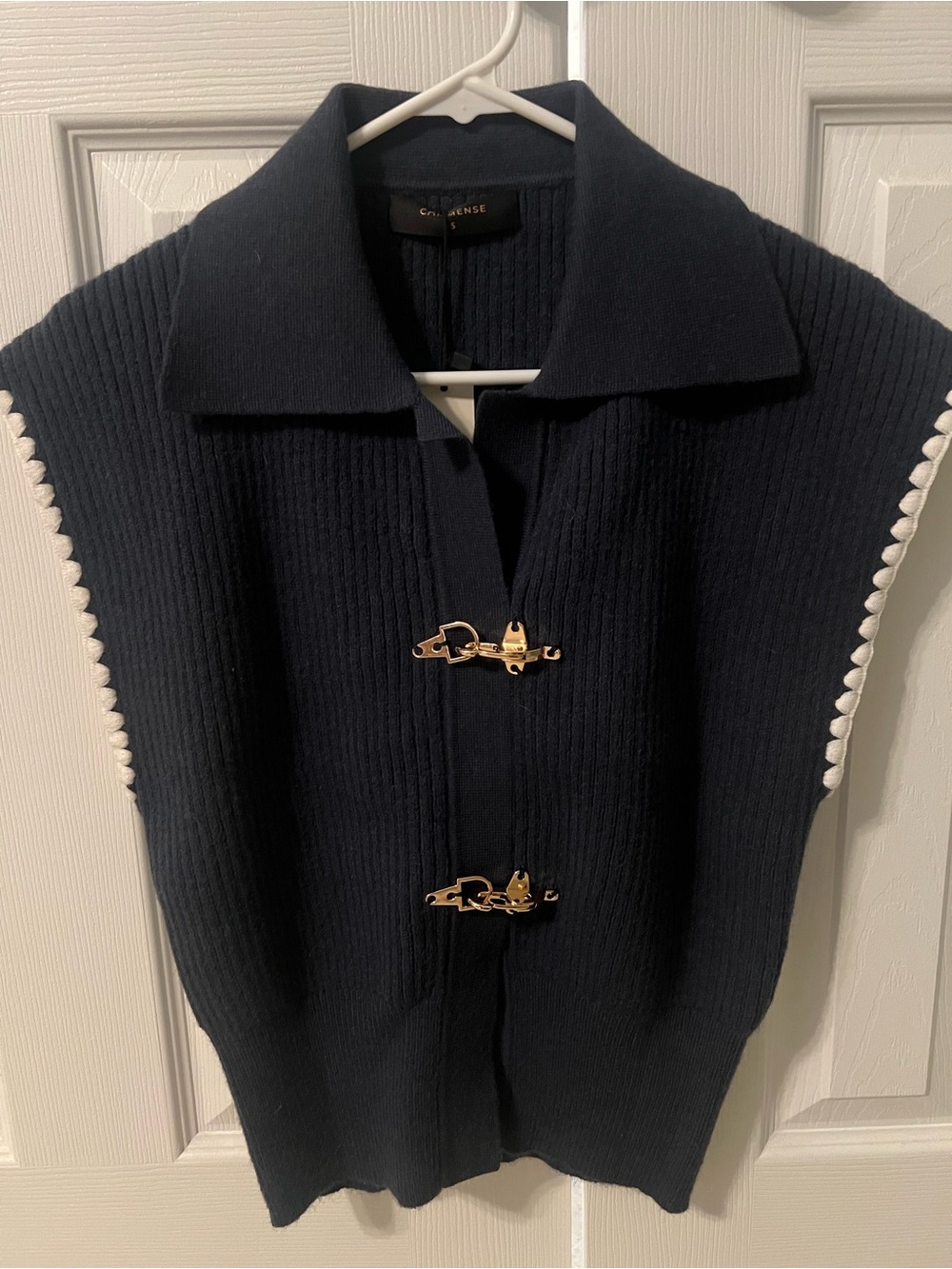 Commense Navy Ribbed Collared Knit Vest with Gold Toggle Clasps